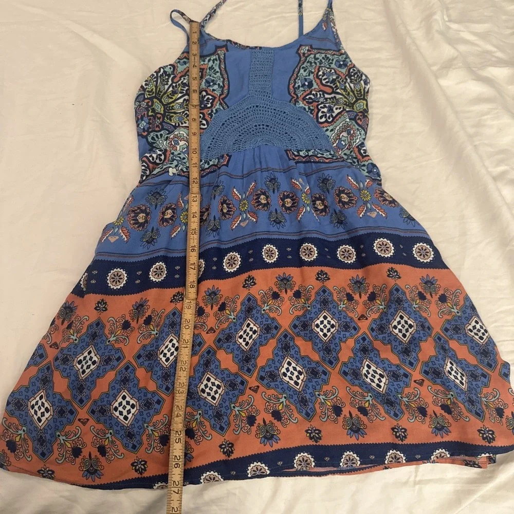 Roxy Crochet Halter Mini‎ Dress Size XS Blue Multi Beachy Boho Summer Pockets